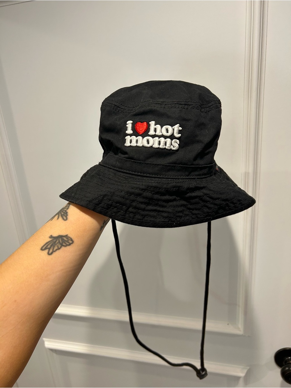 Black Bucket Hat with Red Heart Embroidery
